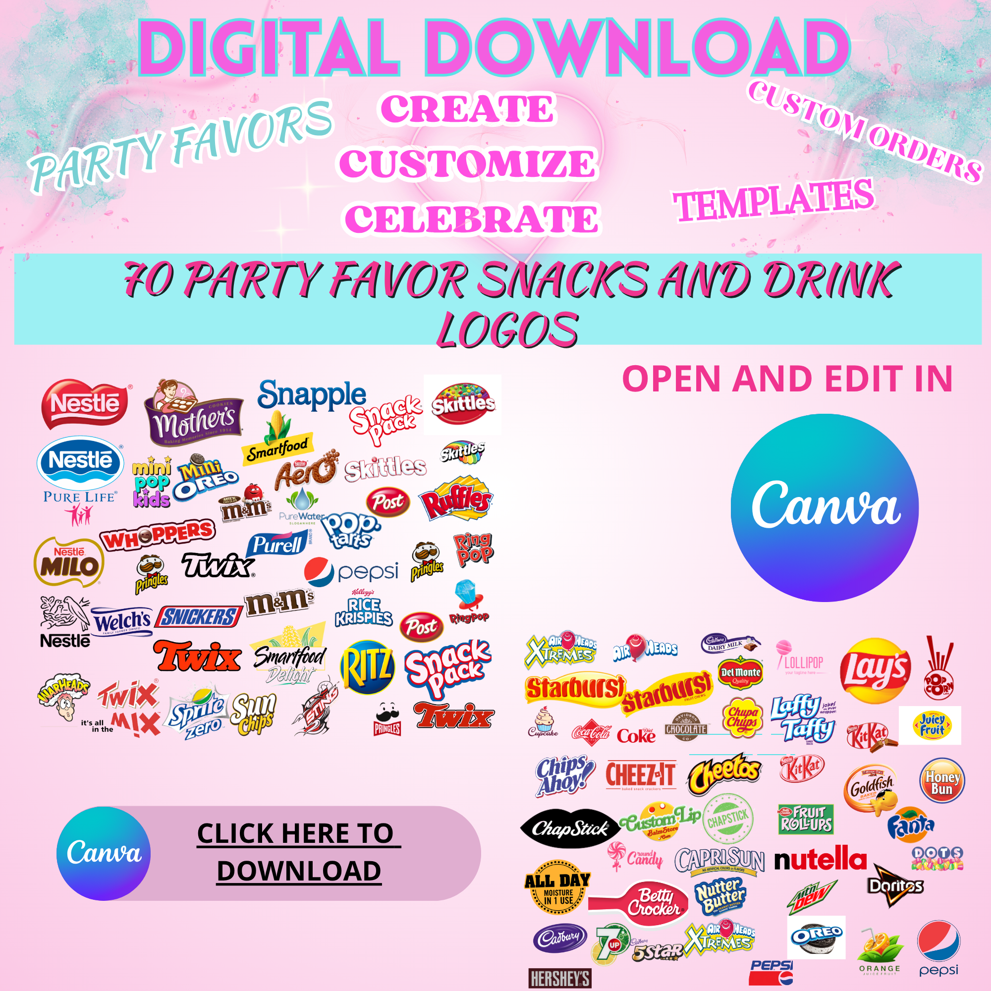 70 PARTY FAVOR SNACK AND DRINK LOGOS